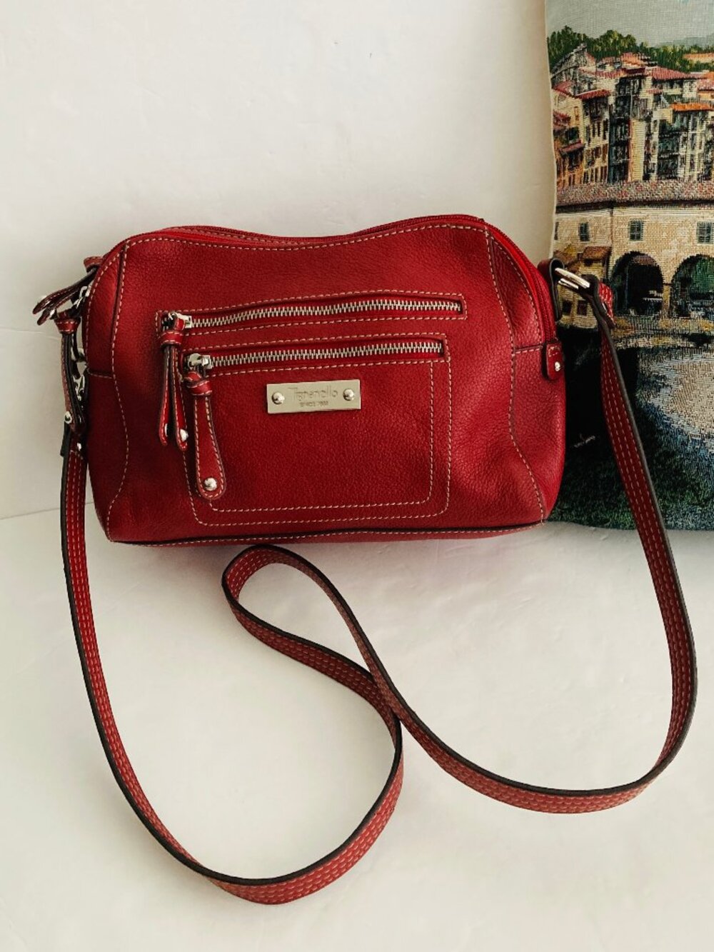 Tignanello Blood Red Leather Shoulder Handbag